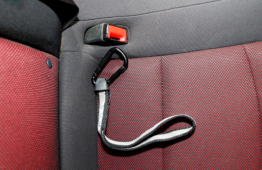 A dog car leash hook sitting in the back seat of a vehicle