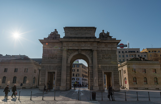 Milan, Italy - January 14, 2018: Porta Garibaldi Milan City Gate. previously known as the Porta Comasina, is a city gate located in Milan, Italy, on the old road to Como