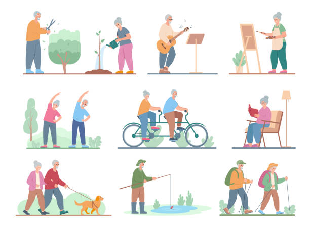 ilustraciones, imágenes clip art, dibujos animados e iconos de stock de conjunto de pasatiempos para personas mayores. estilo de vida activo saludable y actividades de ocio. - gardening senior adult action couple