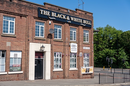Newcastle upon Tyne, United Kingdom – June 15, 2023: The Black and White Bull pub, popular with football fans on match day in Newcastle upon Tyne, UK.