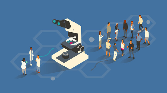 3 epidemiologists, an oversized microscope, and a diverse mix of 12 ordinary people illustrate the medical field of epidemiology. Conceptual vector illustration presented in isometric view over a blue background on a 16x9 artboard. Colors include warm off-white, gray, turquoise/teal, and magenta