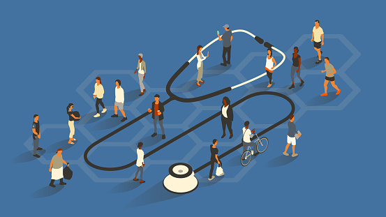 A bustling crowd of 18 people pass by an oversized stethoscope to illustrate the medical field of Public Health. Some walk, jog, or ride past while others stand as if they are out in public. Conceptual vector illustration presented in isometric view over a blue background on a 16x9 artboard. Colors include warm off-white, gray, turquoise/teal, and magenta