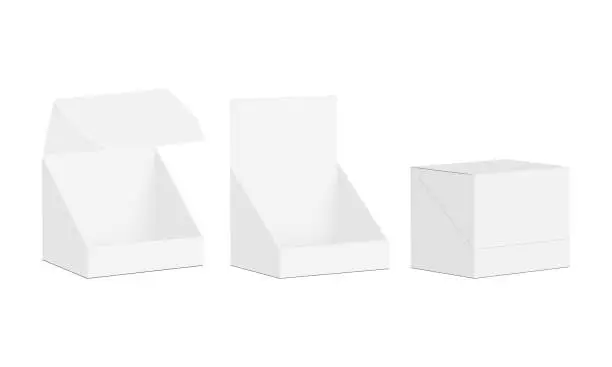 Vector illustration of Square Counter Display Box Mockup, Opened and Closed
