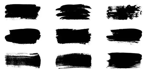 Vector illustration of Paint Brush Stroke Set. Grunge Texture. Paintbrush Splash, Brushstroke. Abstract Graphic Design Element on White Background. Black Splatter Collection in Square Shape. Isolated Vector Illustration