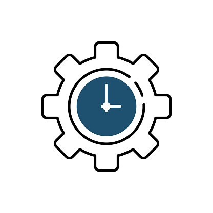 time management icon with gear and clock. flat linear trend modern technical graphic stroke art design infographic web element isolated on white. concept of work flow pictogram or develop