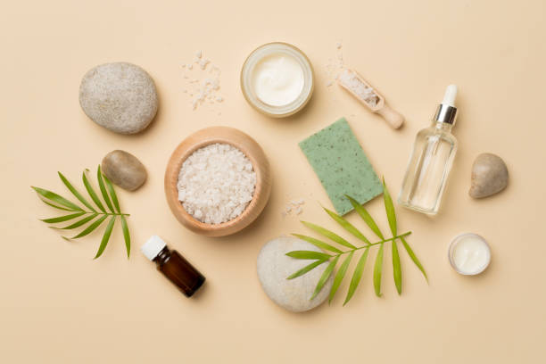 istock Composition with spa products on color background, top view 1501915853