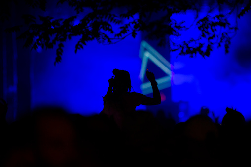 Silhouette of a dancing crowd at music festival