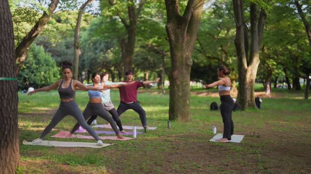 istock Multi-ethnic people practicing in yoga class in nature 1501925354