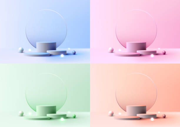 istock Set of 3D realistic empty group of podium stand with glass circle backdrop decoration and sphere light balls on pastel colors background 1501926141