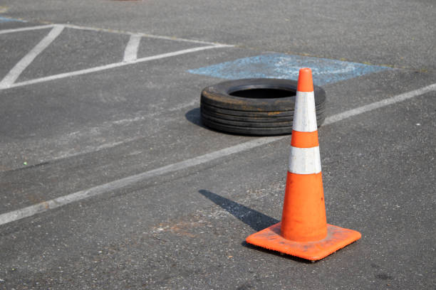 Tire and Traffic Safety Cone in Parking Lot for obstacle courses.