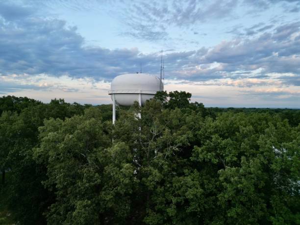 istock Wide-angle shot of a white water tower surrounded by greenery 1501930766