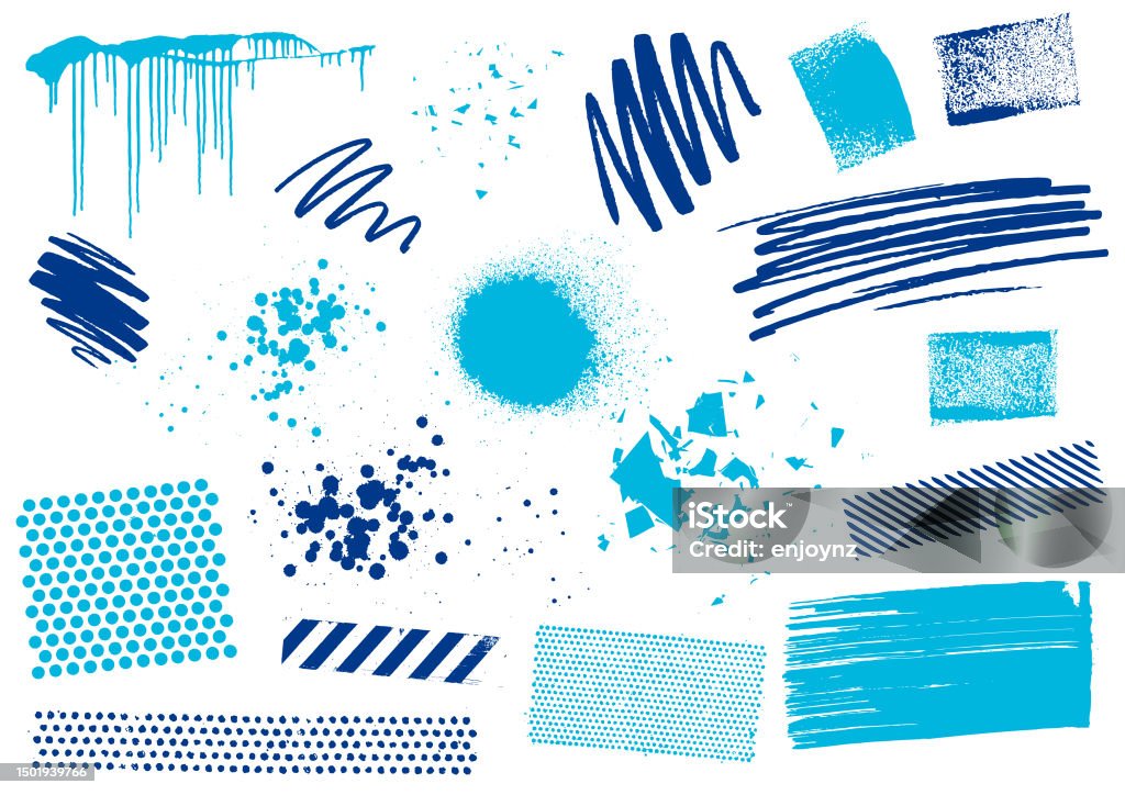 Blue Grunge textures, pen marks and design elements Blue grunge sponge paint marks, scribbles and textured patterns background illustration Textured stock vector