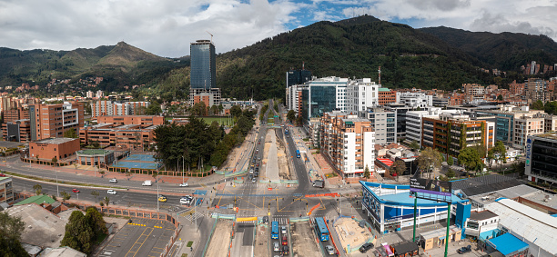 Panoramic photo of an avenue under construction at a crossroads seen from a drone. bogota . Colombia. June 24, 2024.