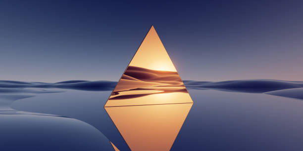 3d render, surreal panoramic landscape. Modern minimal background. Abstract wallpaper of fantastic terrain, sunset reflection in golden triangular mirror, flat pyramid, hills and water
