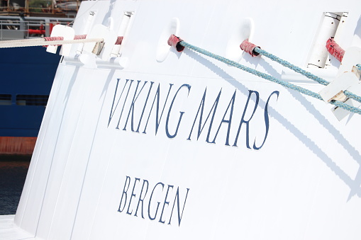 Velsen, the Netherlands - September 30th 2022: MV Mars operated by Viking Cruises moored in the Felison Cruise Terminal. Detail oif name on stern