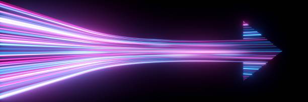 istock 3d render, abstract minimalist geometric background. Speed concept. Colorful neon arrow shows right direction, glowing in the dark 1501961943