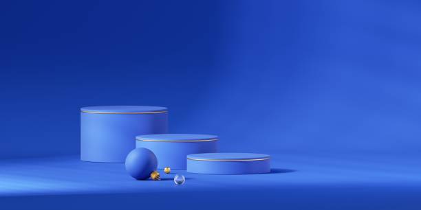 istock 3d render, abstract blue background. Empty podiums for product presentation, spruce twig and Christmas ornaments. Empty festive showcase 1501962492