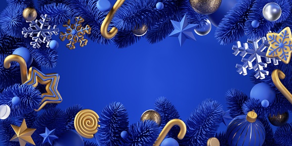 3d render, blue gold Christmas background of festive ornaments and spruce twigs. Blank frame, festive banner. Greeting card template. Winter holiday wallpaper