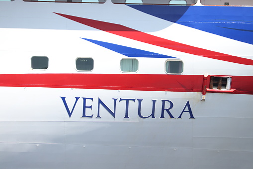 IJmuiden, the Netherlands - May 17th, 2023: Ventura P & O Cruises, detail of name. The Ship was built by Fincantieri in Monfalcone, Italy