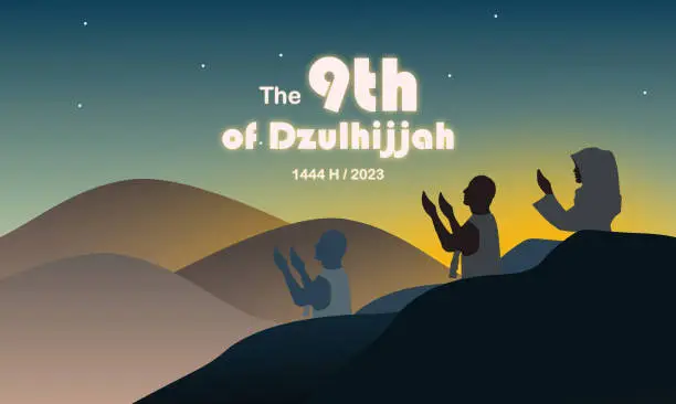 Vector illustration of Praying on the 9th of dhulhijjah at Arafah is called wukuf at Arafah