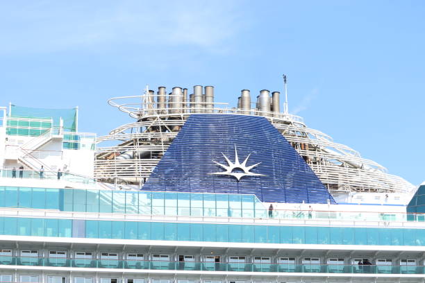 IJmuiden, the Netherlands - May 17th, 2023: Ventura P & O Cruise. Detail of the funnel and company logo.