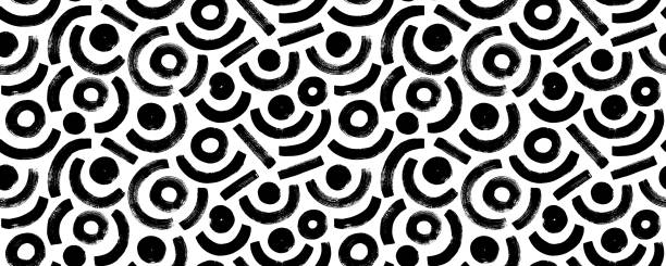 Geometric seamless patterns with arches, straight lines and circles. Brush drawn bold arches with big dots. Seamless backgrounds with vector curved lines. Vector textured geometric ornament.