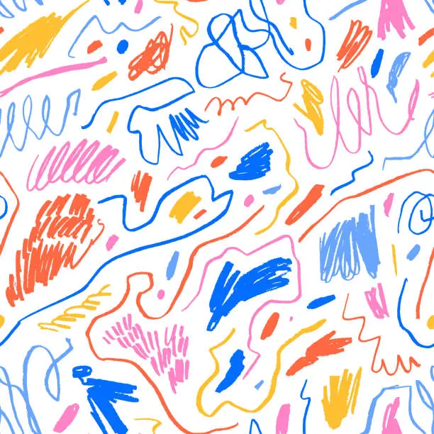 Vector illustration of Multi colored charcoal pencil curly lines and squiggles seamless pattern.