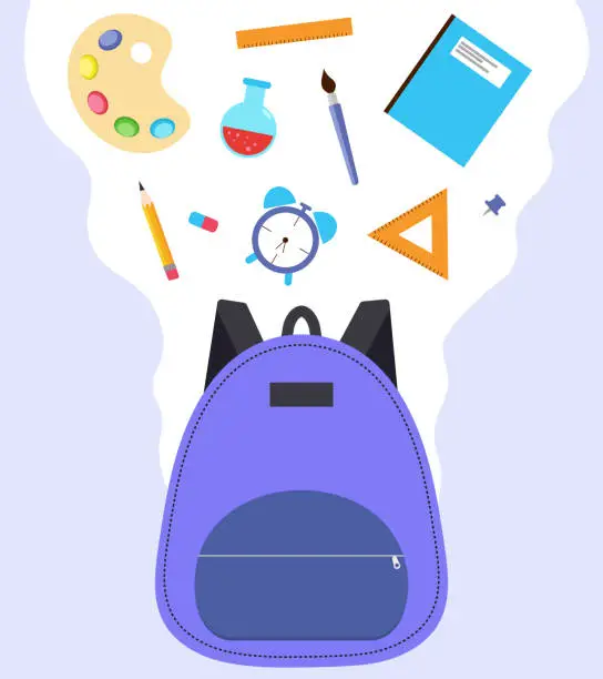 Vector illustration of Backpack with flying school supplies. Back to school, knowledge day. Vector illustration purple