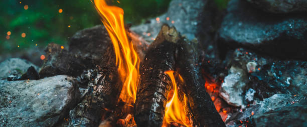 istock Vivid smoldered firewoods burned in fire close-up. Atmospheric background with orange flame of campfire. Full frame image of bonfire. Warm whirlwind of glowing embers and ashes in air. Sparks in bokeh 1501984126