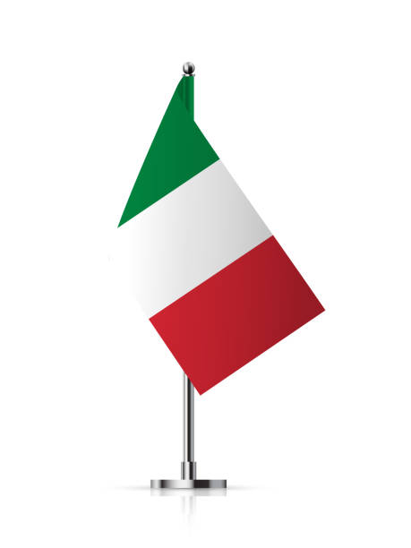 istock Flag of Italy on pole vector illustration. 3D realistic flagpole on mini steel vertical stand, isolated desktop flagstaff, green, white and red italian flag with stripes on metal sticks 1501984710