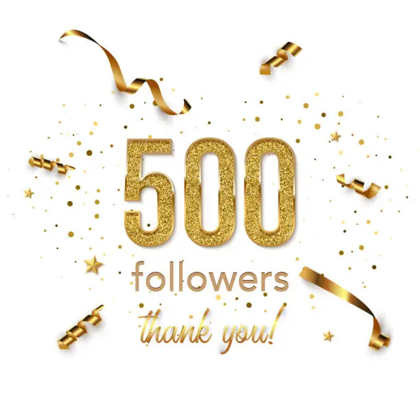 Vector illustration of Half thousand followers celebration square vector banner. Social media achievement poster. 500 followers thank you lettering. Golden sparkling confetti ribbons. Shiny gratitude text on white