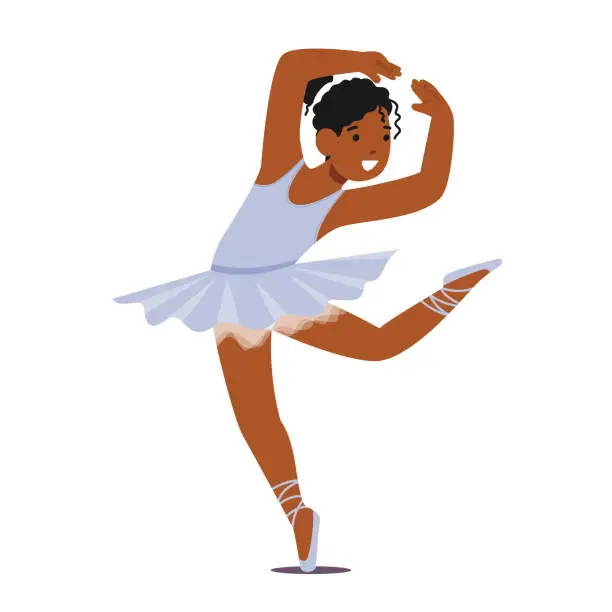 Vector illustration of Graceful Little Ballerina Girl Character Captivates With Her Delicate Movements. She Wears A Tutu, Ballet Slippers