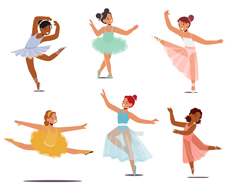 Set of Graceful Little Ballerina Girl Characters Twirl In Tutu, Capturing Hearts With Every Delicate Movement, Taking Flight On The Dance Floor. Female Baby Dancers. Cartoon People Vector Illustration