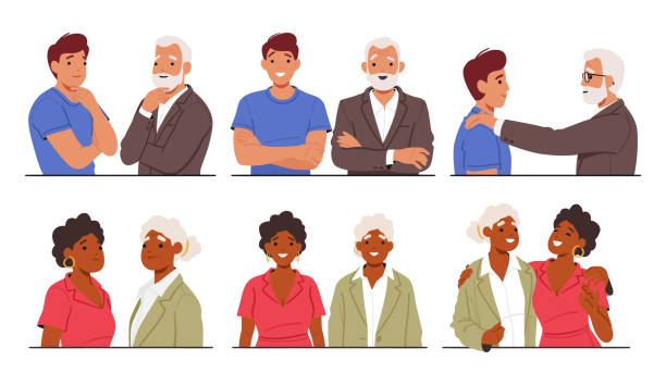 Juxtaposition Depicts A Young and Old Men, And Elderly and Youth Women, Reflecting The Contrasts Of Youth And Age Juxtaposition Depicts A Young and Old Men, And Elderly and Youth Women, Reflecting The Contrasts Of Youth And Age, As Well As The Passage Of Time And The Beauty Of Human Diversity. Vector Illustration old man smiling stock illustrations