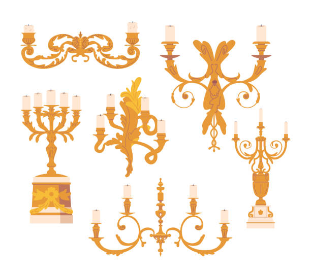 illustrazioni stock, clip art, cartoni animati e icone di tendenza di i candelabri dorati vintage con design raffinato e finitura scintillante li rendono un centrotavola perfetto - artificial set decoration candle