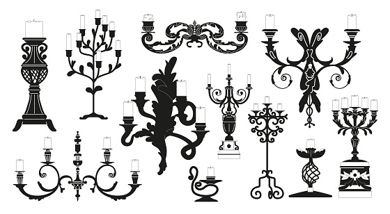 Set of Isolated Black Icons Of Elegant Candleholders, Featuring Sleek Designs And Varying Shapes, Perfect For Adding A Touch Of Sophistication And Warmth To Any Space. Vector Illustration, Clipart