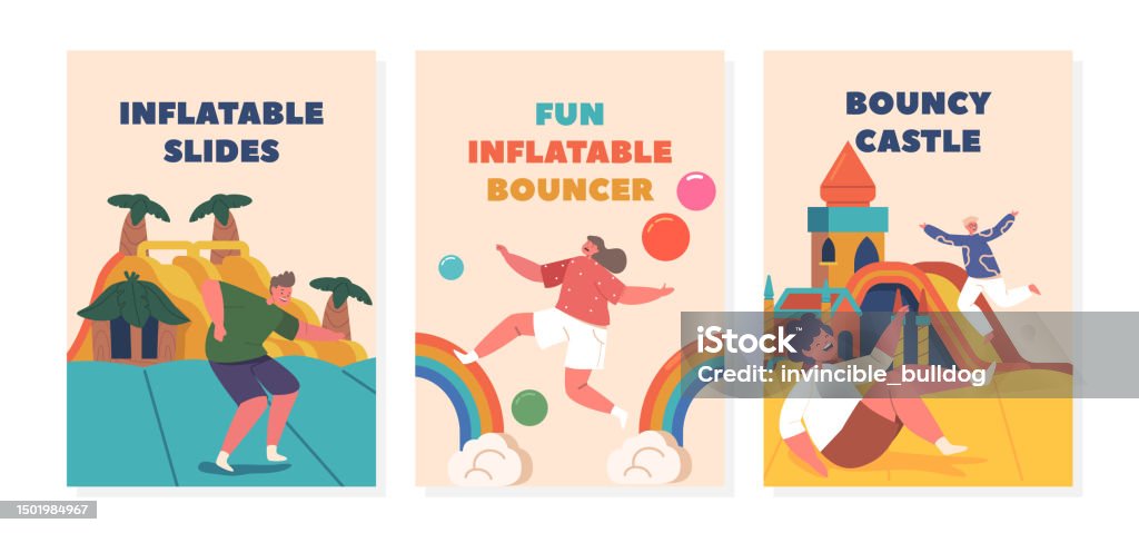 Cartoon Inflatable Rides Vibrant Banners Showcasing Children Joyfully Enjoying Inflatable Rides ...