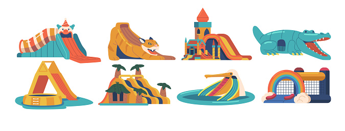 Thrilling And Exhilarating Inflatable Rides Offer Fun-filled Adventure For All Ages. Bounce, Slide, And Jump Attractions for Endless Hours Of Excitement And Entertainment. Cartoon Vector Illustration