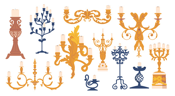 Elegant Vintage Candleholders With Intricate Designs, Crafted From Forged Metal. Perfect For Adding A Touch Of Old-world Charm And Creating A Warm, Cozy Atmosphere. Cartoon Vector Illustration