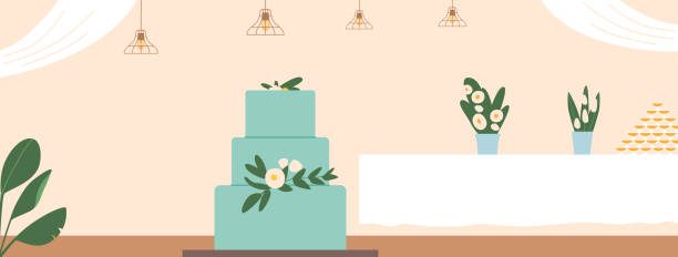 kuvapankkikuvitukset aiheesta tyylikkäästi sisustettu hääjuhlasisustus, jota koristavat kukkakeskipisteet, pehmeä valaistus, kakku ja tyylikkäät pöydät - hääkakku