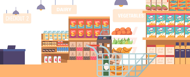 Bright And Spacious, The Supermarket Interior Is Filled With Neatly Arranged Aisles, Stocked Shelves, And A Variety Of Products. Shop with Trolley and Checkout Area. Cartoon Vector Illustration