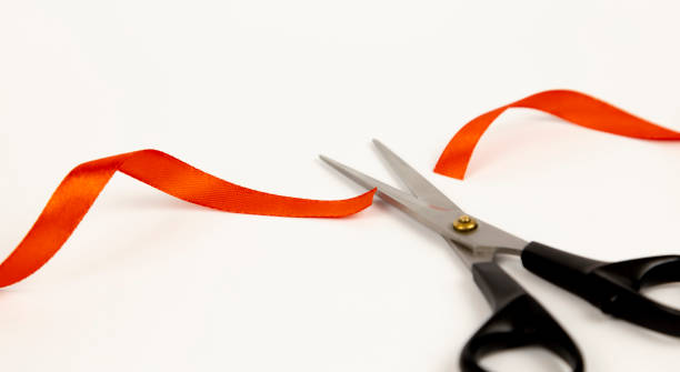 istock Cut red satin ribbon on white background with scissors. 1502020510