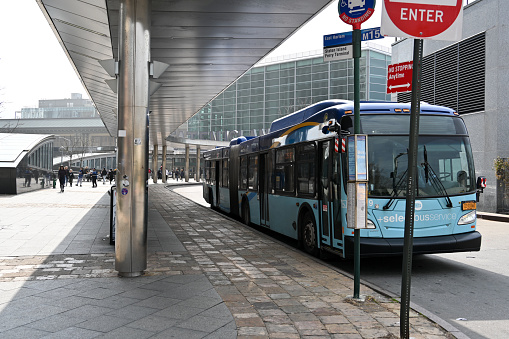New York, USA, April 6, 2023 - The New York City bus M15 at Station Island Ferry Terminal. The First and Second Avenues Line, also known as the Second Avenue Line, is a bus line in Manhattan, New York City