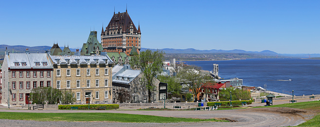 daytime view of the old Quebec city skyline from the La Terrasse Saint-Denis (Quebec, Canada).