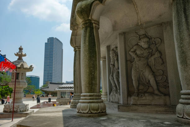 Seoul, South Korea - June 24, 2023: The Great Statue of Maitreya Buddha in Bongeunsa Temple in Seoul, South Korea.