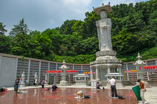 Seoul, South Korea - June 24, 2023: The Great Statue of Maitreya Buddha in Bongeunsa Temple in Seoul, South Korea.