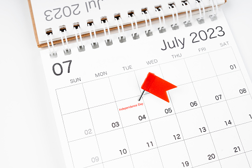 National holidays. On the calendar grid, the date and push pin - June 4 2023. USA Independence Day Concepts.