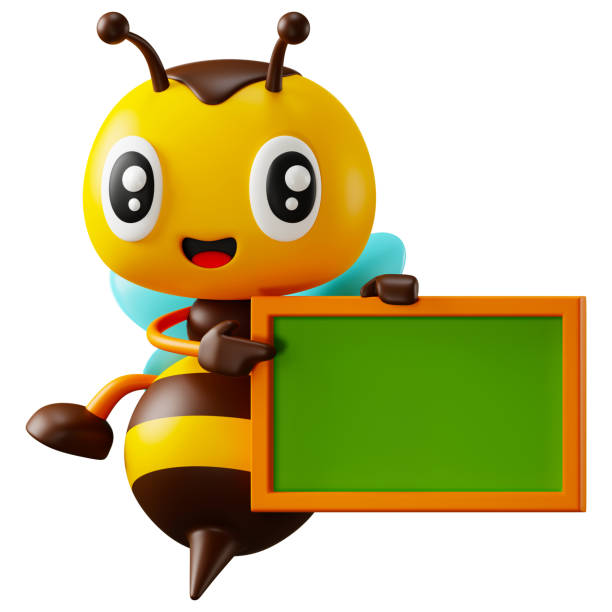 Cartoon cute honey bee hand pointing on empty blackboard 3D render character illustration. Back to school concept