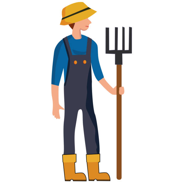 istock Cartoon young farmer in straw hat and holding rake 1502092645