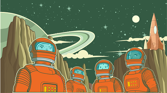 A retro pop art style horizontal poster vector illustration of a team of astronauts with outer space in the background. Wide space available for your copy.